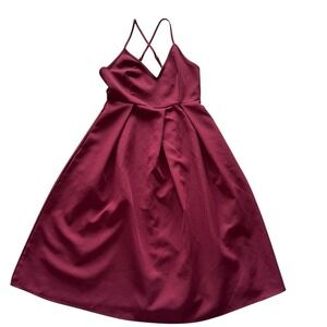 Elia Cher Burgundy Fit & Flare‎ Dress V-Neck Strappy Back with Pockets Womens 4